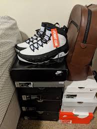 Dressed in a white, black, and university blue. My First Jordan 9 University Blue Sneakers