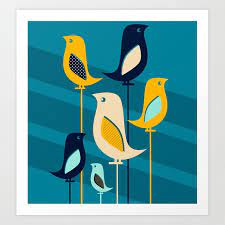 The art a happy trio of mid century birds. Mid Century Birds Blue Art Print By Samossie Society6