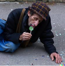 A homeless man licking a lollipop off ...