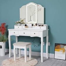 Usikey large vanity set with 10 led lights & 1 slide rail mirror, makeup tables with 5 shelves, dressing vanity table with 2 large drawers and 1 cushioned stool, black 4.3 out of 5 stars 620 $205.99 $ 205. Generic Iwell Large Vanity Table Set With Tri Folding Lighted Mirror 5 Drawers Makeup Vanity Dressing Table With Cushioned Vanity Sto