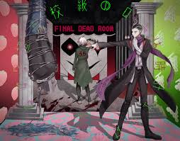 miyuzu, komaeda nagito, nidai nekomaru, tanaka gundham, danganronpa  (series), danganronpa 2: goodbye despair, black footwear, absurdres,  highres, spoilers, animal, animal on shoulder, bandaged hand, bandages,  black hair, black pants, boots, brown pants,