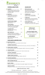 Our menu consists of an array of italian specialties including appetizers, salads, sandwiches, submarines, pizza and homemade italian dishes such as baked ziti, lasagna, eggplant parmigiana and more. Lunch Dinner Pdf Menu Frankie S Italian Kitchen Bar