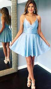 Macloth Straps V Neck Satin Mini Prom Homecoming Dress Sky Blue Cocktail Party Dres Light Blue Homecoming Dresses Homecoming Dresses Sleeves Homecoming Dresses