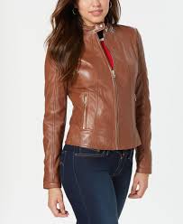 Guess Leather Jacket With Snap Collar Cognac Leather Jackets Women Leather Jacket Coats For Women