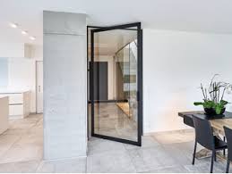 Internal frameless glass doors from fgc are custom made and are perfect for any style of property. Glass And Aluminium Offset Axis Pivot Door Skd75 Black Pivoting Room Dividers Collection By Anyway Doors