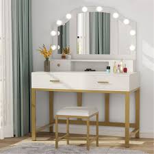 Chende white makeup vanity table with drawer and drop leaf for bedroom bathroom wooden writing desk for home office furniture fol. Vanity Set Dressing Table With Ighted Mirror And 4 Drawers White Gold Overstock 31857053