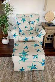 Coastal Upholstered Chairs In Beachy Nautical Fabrics Beach House Decor Living Room Beach House Furniture Upholstered Chairs