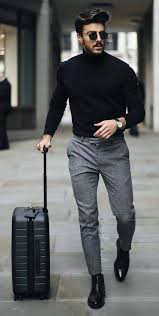 Black And Grey Combination Dress For Men Rowanrow With A Monochrome Fall Combo With A Black Turtleneck Gray Trousers Black Leather Banded Mens Casual Outfits Mens Winter Fashion Mens Fashion Classy