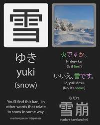 Jun 18, 2021 · here is the translation and the japanese word for snow: Japanese Kanji For Snow é›ª Learn Japanese Words Japanese Language Learning Japanese Language