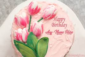Birthday Cake And Flowers Images Download Lovely Tulip Cake With Name Edit In 2020 Tulip Cake Cake Name Birthday Cake With Flowers