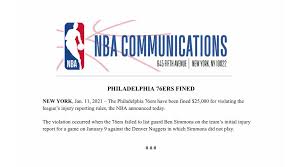 Nbacab injury report ретвитнул(а) allflavornetwork. Marc Stein On Twitter The Sixers Have Been Fined 25 000 For Failing To Report Ben Simmons Recent Knee Injury According To League Guidelines Https T Co Q8abxyccqb