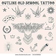 Old School Tattoo Set Owl Feather Paper Boat Moon Sun Swallows Diamond Crown Game Cards A Old School Tattoo Designs Old School Tattoo Cartoon Tattoos