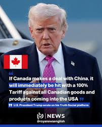 US President Donald Trump on Saturday warned Canada that if it concludes a  trade deal with China, he will impose a 100 percent tariff on all goods  coming over the border. If