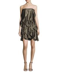 Halston Heritage Strapless Striped Metallic Flounce Cocktail Dress Metallic Cocktail Dresses Elegant Dresses Gold Cocktail Dress