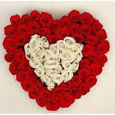 Cropped image of husband presenting gift to wife on valentines day. 25 Red Roses And 25 Whites Roses Arranged In A Heart Shape Flower Box