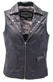 Women S Black Leather Motorcycle Vest With Studded Collar Vl6876zsk Women Leather Vest Studded Leather Vest Leather Jacket Style