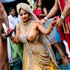 Image of the standing beautiful indian bride in public takes a huge black  dick in the mouth and get covered by cum all over his bridal dress and  other people cheer the