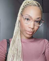 Blanche Eden Wearing Platinum Blonde Cornrows Ponytail With Light Pink Glasses Blonde Box Braids Blonde Hair With Roots Blonde Hair Black Girls