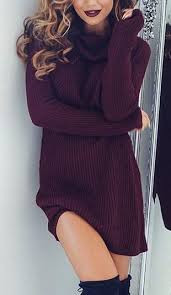 Trending Turtle Neck Burgundy Sweater Dress With Over The Knee Boots Casual Knit Dress Mini Dress Fashion Fashion