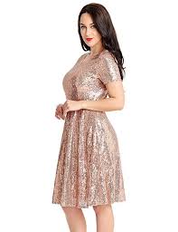 Ackkia Women 39 S Champagne Sequin Cocktail Party Short Sleeves Bridesmaid A Line Skater Short Dress Knee Length Si Dresses Short Skater Dress Fashion Dresses