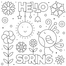 This is a great spring coloring page for older kids and adults alike. Hello Spring Coloring Page Black And White Vector Illustration Royalty Free Cliparts Vectors And Stock Illustration Image 126434882