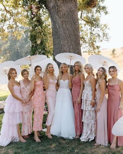real wedding photos with bridesmaids in different pink color dresses