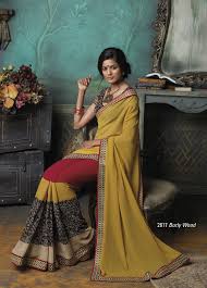 Black And Red Combination Designer Saree Combination Of Ochre Yellow Red Black Color Chiffon Based Saree With Broad Border Fashion Indian Fashion Saree Designs