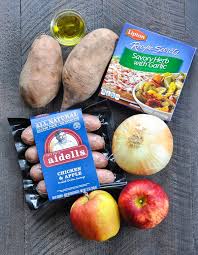 Aidells 1 5 moms with crockpots. Dump And Bake Sausage Apples Sweet Potatoes The Seasoned Mom