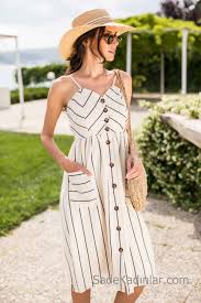 2020 Gunluk Keten Elbise Modelleri Bej Dizalti Ip Askili Dugmeli On Cepli Cizgi Desenli Moda Stilleri Elbise Modelleri Elbise