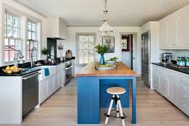 The cabinets are uniformly white, but what draws the eye is the glossy blue grey backsplash and butcher block island. 25 Kitchens With Butcher Block Islands Chairish Blog