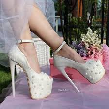 Cream White Lace With Pearl Platform Bridal Shoes Heels Stiletto Heels Platform High Heels