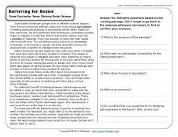 Fill an entire class period by reading a professionally crafted passage and answering multiple choice and short answer questions guaranteed to get the gears turning. Bartering For Basics 5th Grade Reading Comprehension Worksheet