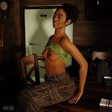 1girls black hair dark-skinned female dark skin medium breasts  nora (the last of us) pinup shirt lift shirt up showing breasts sitting  small breasts smiling the last of us