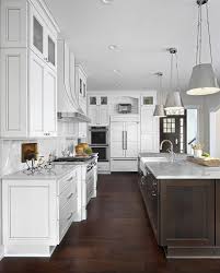 White Kitchen With Dark Brown Island And White Marble Counters Transitional Kitchen Diy Kitchen Renovation Farmhouse Style Kitchen Brown Kitchens