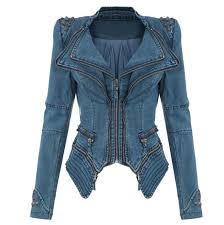Sharp Power Studded Shoulder Notched Lapel Denim Jeans Tuxedo Coat Blazer Jacket In 2020 Studded Denim Jacket Denim Jacket Women Studded Denim