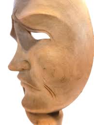 10 Inch Hand Carved Wooden Mask Contemplating Thinking Serious Sad Face  Hand Chin
