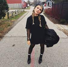 Punky Relaxed Fall Winter Ootd Street Style Black T Shirt Dress Black Tights Black Boots Beanie With Ears L Black Tights T Shirt Dress Black Shirt Dress