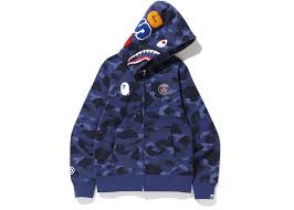 Breiter kragen, reißverschluss an der vorderseite, netzeinsätze, lange ärmel, seitliche taschen und gerippte abschlüsse. Bape X Psg Shark Full Zip Hoodie Navy Fw18