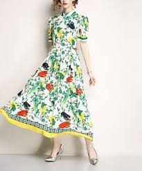 Kaimilan Green Yellow Vegetable Garden Midi Dress Women