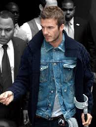 Black And Blue Denim Jacket David Beckham Fall Outfit Inspiration With A Gray T Shirt Blue Denim Jacket Navy Cable Knit Sweater Black Den Denim Jacket Men Mens Winter Fashion Mens Outfits