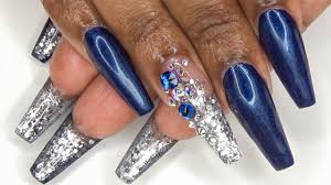 Here is everything you need to know about getting acrylic nails, from how acrylic nails are applied. Acrylic Nails Tutorial How To Full Set With Nail Forms Navy Blue And Silver Glitter Bottom Nails Youtube