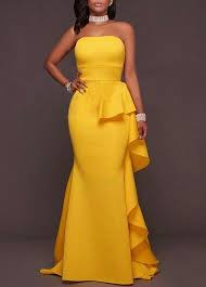Linkshe High Waist Strapless Flouncing Maxi Dress Yellow Mermaid Dress Elegant Maxi Dress Fashion