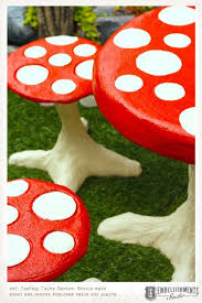 Outdoor Cement Mushroom Table And Stools By Aaron Christensen Embellishmentsstudio Com Fairy Garden Rooftop Garden Garden Features