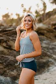 Pink Desert Tie Front Blouson Tankini Swim Top In Seaside Stripe Mom Swimsuit Blouson Tankini Cute Plus Size Swimsuits