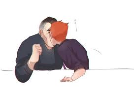 dbdkitty, moira (overwatch), sigma (overwatch), overwatch, overwatch 1, bad  id, bad pixiv id, highres, 1boy, 1girl, clenched hand, grey hair, hetero,  kiss, orange hair, purple shirt, shirt, short hair, surprise kiss,  surprised -