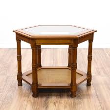 This Hexagon End Table Is Featured In A Solid Wood With A Glossy Cherry Finish This Side Table Has A Hexagon Glass Table Top End Tables Table Glass Top Table