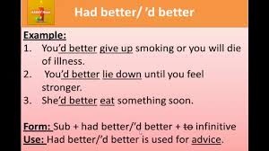 I had better ('it would be a good idea if i', 'it would be better for me to') is used as a modal auxiliary verb: Sabay Rean Live Stream English Grammar Had Better Youtube