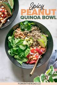 Spicy Peanut Quinoa Bowl 20 Minute Vegan Gluten Free Grain Bowl Recipe Flavorful Vegetables Healthy Bowls Recipes Spicy Peanuts