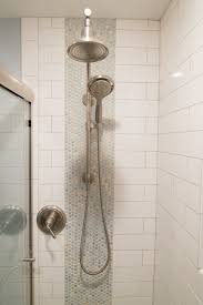White Tiled Shower With Blue And Green Penny Round Accent Tile White Tile Shower Accent Tile Bathroom Shower Accent Tile