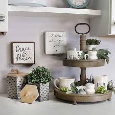 Natural Wood Two Tier Stand With Metal Handle Kirklands Countertop Decor Kitchen Countertop Decor Tray Decor